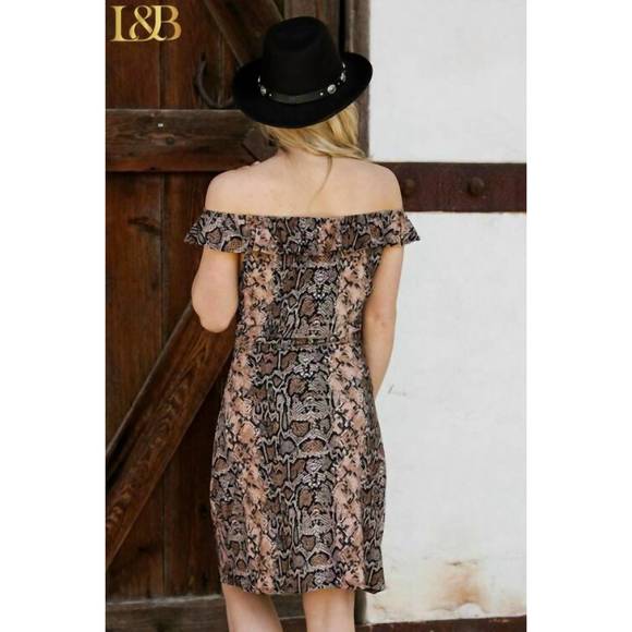 NEW LUCKY & BLESSED snake print off the shoulder dress in brown - Picture 2 of 2
